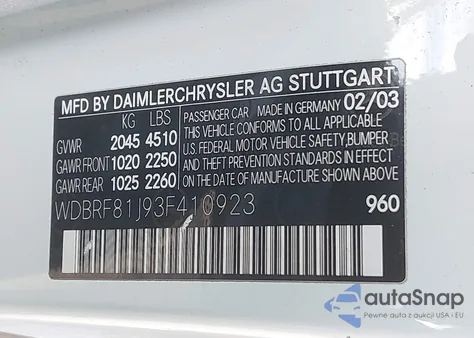 2003 Mercedes-Benz C 240 из США, поврежденный, VIN WDBRF81J93F410923